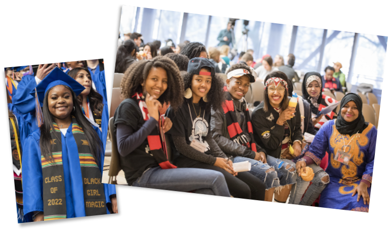 Young black girl at graduation. Black students socializing.